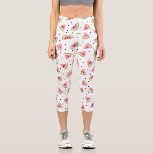 Leggings Capri Pastèque rose, Graines de pastèque, Motif d'été (Recto)