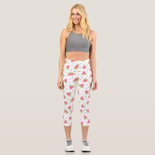 Leggings Capri Pastèque rose, Graines de pastèque, Motif d'été (Recto)