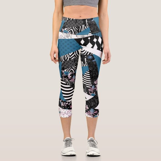 Leggings Capri patchwork bleu, populaire, patchwork, folle, rusti (Recto)