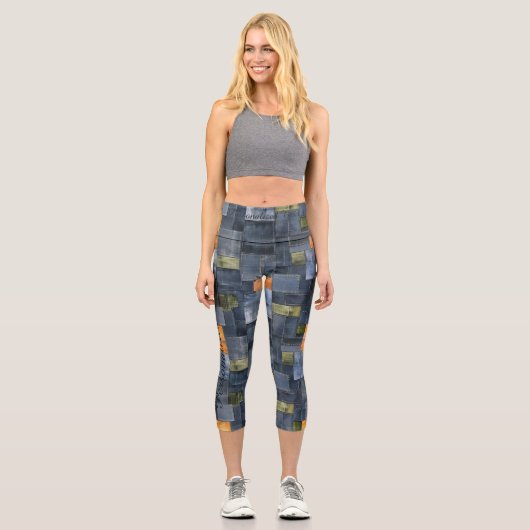 Leggings Capri Patchwork Denim, bleu orange & vert, texte personn (Recto)