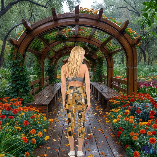 Leggings Capri Patchwork doré : Motif géométrique luxueux