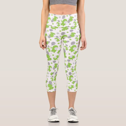 Leggings Capri Pattern of Green Elephants, Cute Elephants, stars (Recto)