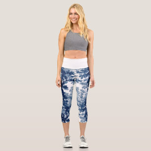 Leggings Capri Paysage Vintage du cottage Bleu de toile et blanc