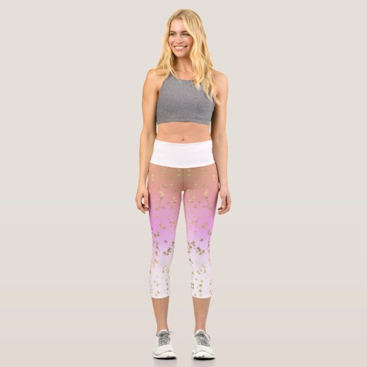 Leggings Capri Pêche dégradé violet or blanc étoile motif (Recto)