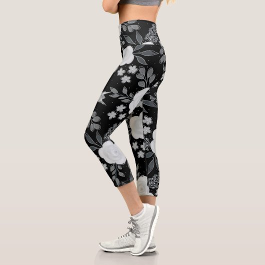 Leggings Capri Peinture d'aquarelle Rose en noir blanc (Gauche)