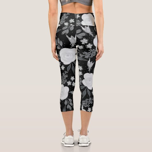 Leggings Capri Peinture d'aquarelle Rose en noir blanc (Verso)