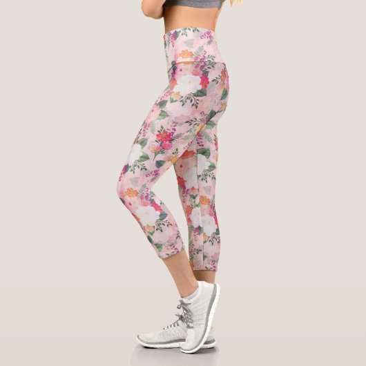 Leggings Capri Peinture d'aquarelle rose romantique (Gauche)
