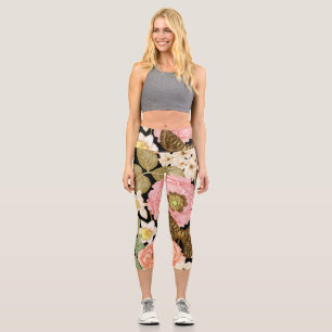 Leggings Capri Peonies Roses vintages : Motif Floral Noir