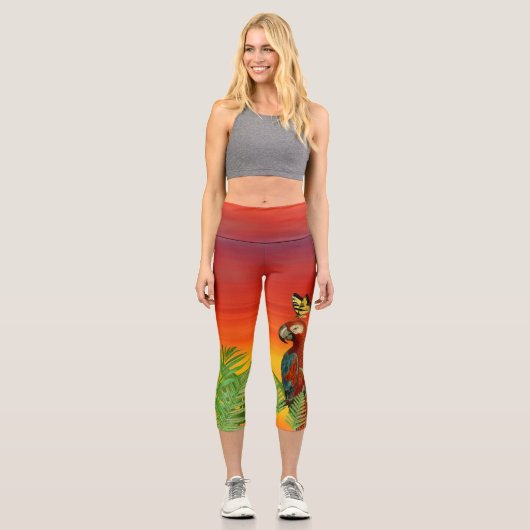 Leggings Capri Perroquet et papillon couché de soleil (Recto)