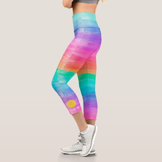 Leggings Capri Pickball Print Rainbow Watercolor Texte personnali (Gauche)