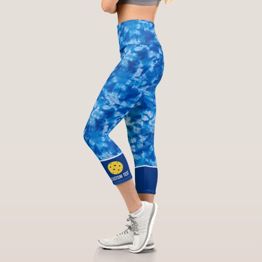 Leggings Capri Pickleball Design Blue Tie Dye Motif personnalisé (Gauche)