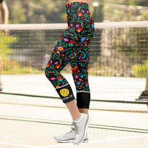 Leggings Capri Pickleball Impression amusant Coloré Floral Texte