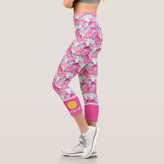 Leggings Capri Pickleball Print, Rose Floral Design Texte personn (Gauche)