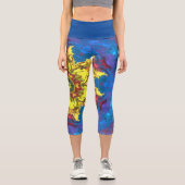 Leggings Capri Pignon psychédélique hippie Fleur Jaune et Bleu (Recto)