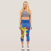 Leggings Capri Pignon psychédélique hippie Fleur Jaune et Bleu (Recto)