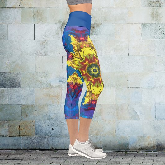 Leggings Capri Pignon psychédélique hippie Fleur Jaune et Bleu