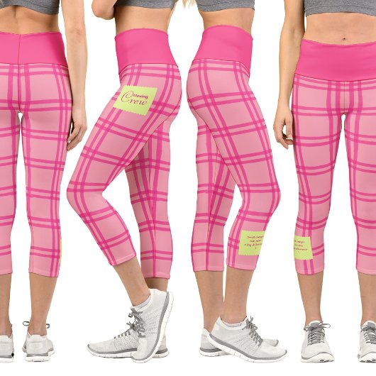 Leggings Capri Pilates Yoga Pink Check Personalized Text