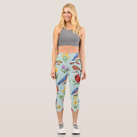 Leggings Capri Pixel Oiseaux et fleurs (Recto)