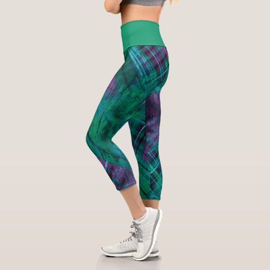 Leggings Capri Plaid Check Purple Green Tartan Emerald Wistband (Gauche)