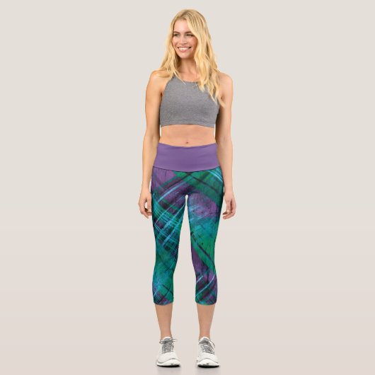 Leggings Capri Plaid Check Purple Green Tartan Mauve ceinture (Recto)