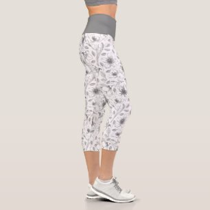 Leggings Capri Plan floral esquissé Motif gris/Wht ID939