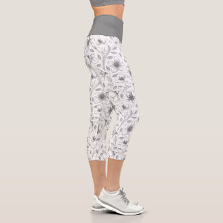 Leggings Capri Plan floral esquissé Motif gris/Wht ID939