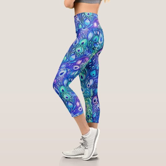Leggings Capri Plumes de Peacock de Monnaie Bleue Violet (Gauche)