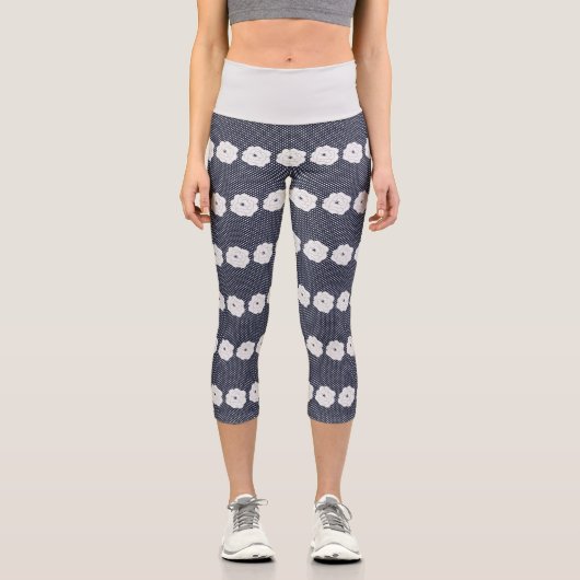 Leggings Capri Pois de la Marine et grandes fleurs blanches (Recto)