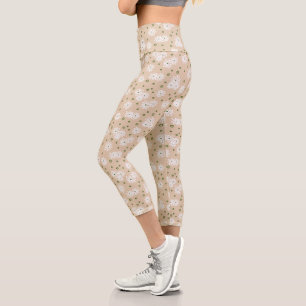 Leggings Capri Pois et marguerites - Blanc, Sable et Palm Green