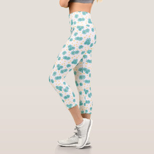Leggings Capri Pois et marguerites - Turquoise et Jaune