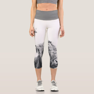Leggings Capri Portrait de vache highland monogramme initial noir