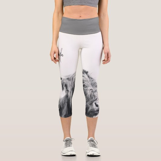Leggings Capri Portrait de vache highland monogramme initial noir (Recto)