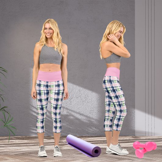 Leggings Capri Preppy Plaid Navy bleu rose vert brosse