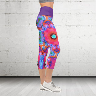 Leggings Capri Psychédélique Hippie Fleur rose Bleu et Jambe oran