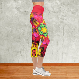 Leggings Capri Psychédélique Hippie Fleur rose jaune et vert Le
