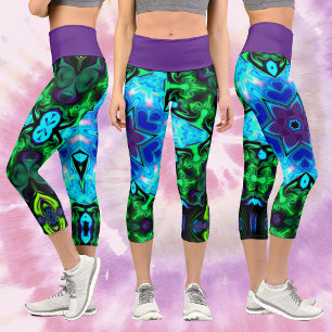 Leggings Capri Psychédélique Mandala Fleur bleu pourpre et vert