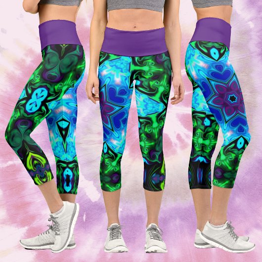 Leggings Capri Psychédélique Mandala Fleur bleu pourpre et vert
