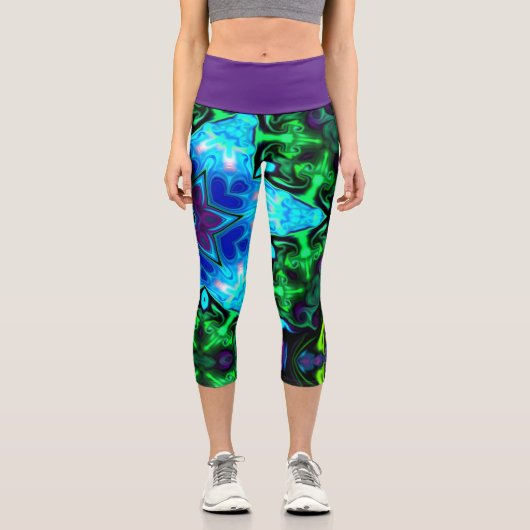 Leggings Capri Psychédélique Mandala Fleur bleu pourpre et vert (Recto)