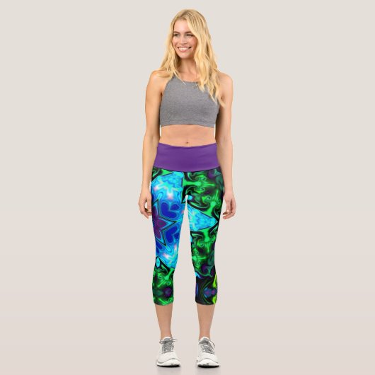 Leggings Capri Psychédélique Mandala Fleur bleu pourpre et vert (Recto)