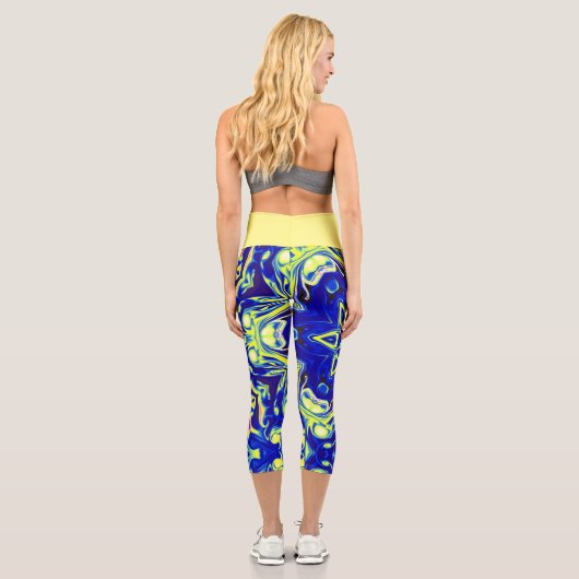 Leggings Capri Psychédélique Mandala Flower bleu et jaune (Verso)