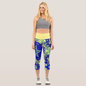 Leggings Capri Psychédélique Mandala Flower bleu et jaune (Recto)