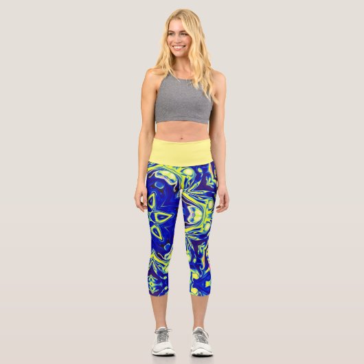 Leggings Capri Psychédélique Mandala Flower bleu et jaune (Recto)