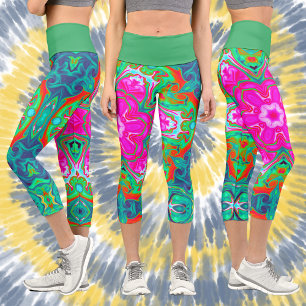 Leggings Capri Psychédélique Mandala Flower bleu rose vert et rou
