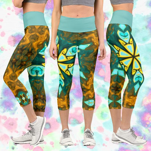 Leggings Capri Psychédélique Mandala Flower Turquoise et jaune