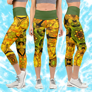 Leggings Capri Psychédélique Mandala Flower vert et jaune