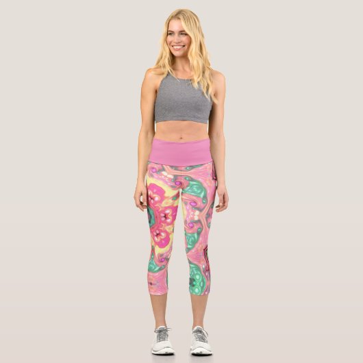 Leggings Capri Psychédélique Mandala Flower vert rose et jaune (Recto)