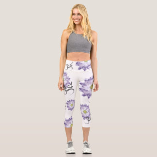 Leggings Capri Purple Lotus Fleur Yoga & Om/Aum Zen Calligraphie