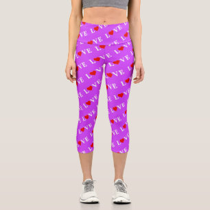 Leggings Capri Purple LOVE Heart Motif Moderne Chic Élégant