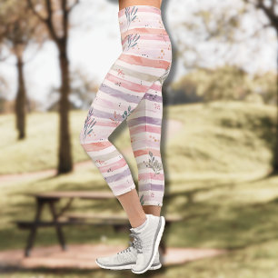 Leggings Capri Rayures de feuilles pastel à l'aquarelle vintage