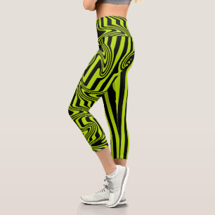 Leggings Capri Rayures et Tourbillons - Vert Citron et Noir